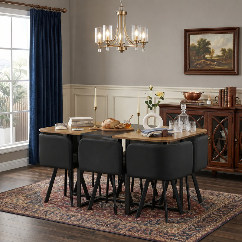 60" Wood Dining Table Set With 6 PU Leather Chairs, Black, Wood/Black