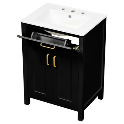 Meuble-lavabo 24 po avec lavabo en céramique - Meuble compact moderne. Bois massif et fabrication. Armoire noire. Poignées dorées. 2 portes à fermeture en douceur. Espace de rangement intérieur luxueux + trop-plein et