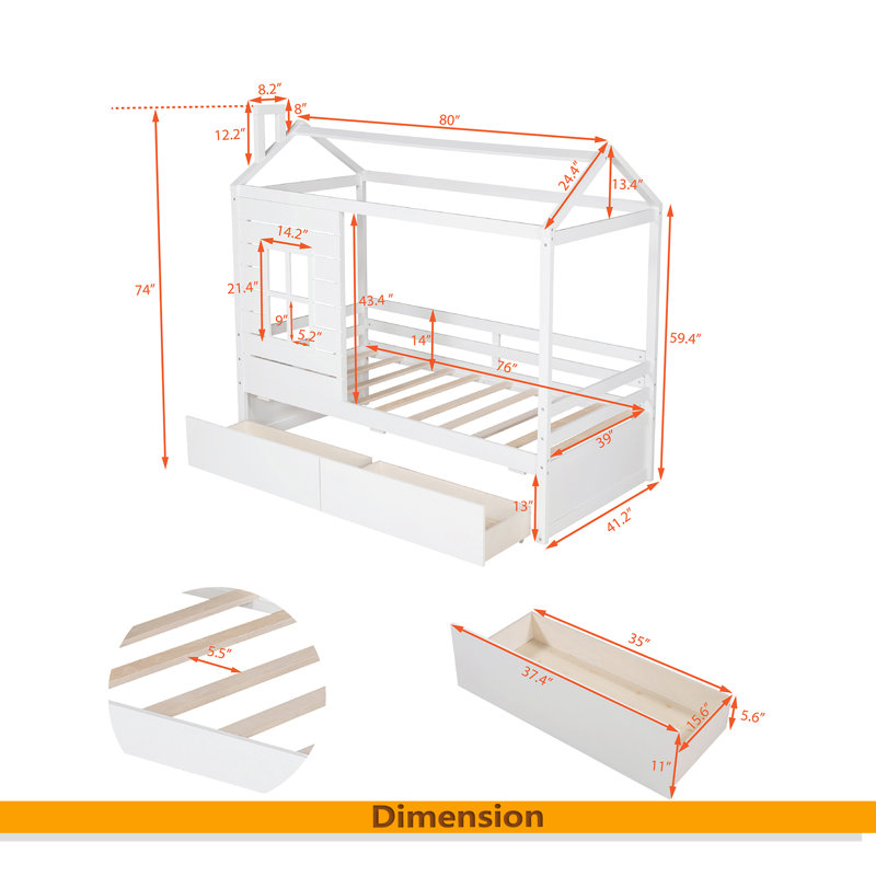 Lit simple en bois avec deux tiroirs
