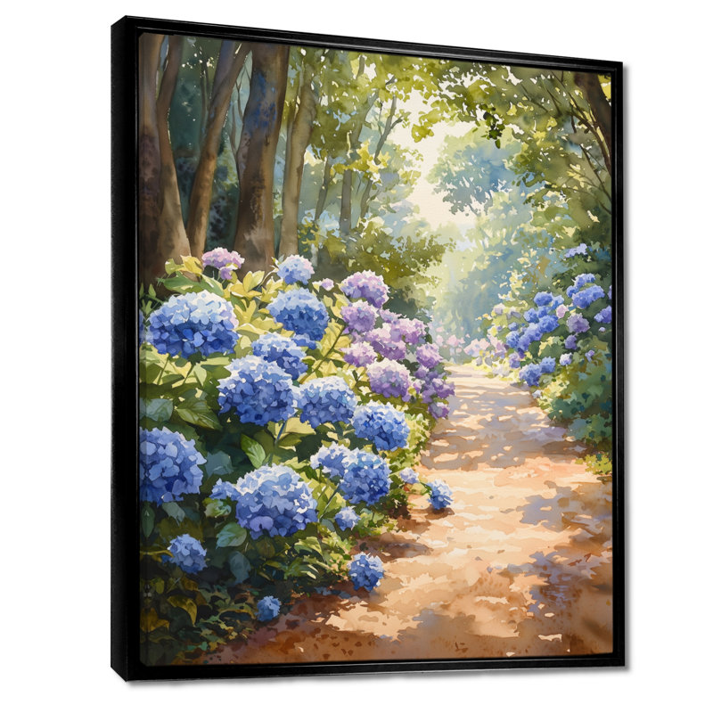 Hydrangeas in the Garden Path II - Hydrangea Wall Art for Living Room, H 32 po x l 16 po, Impression encadrée flottante, Noir