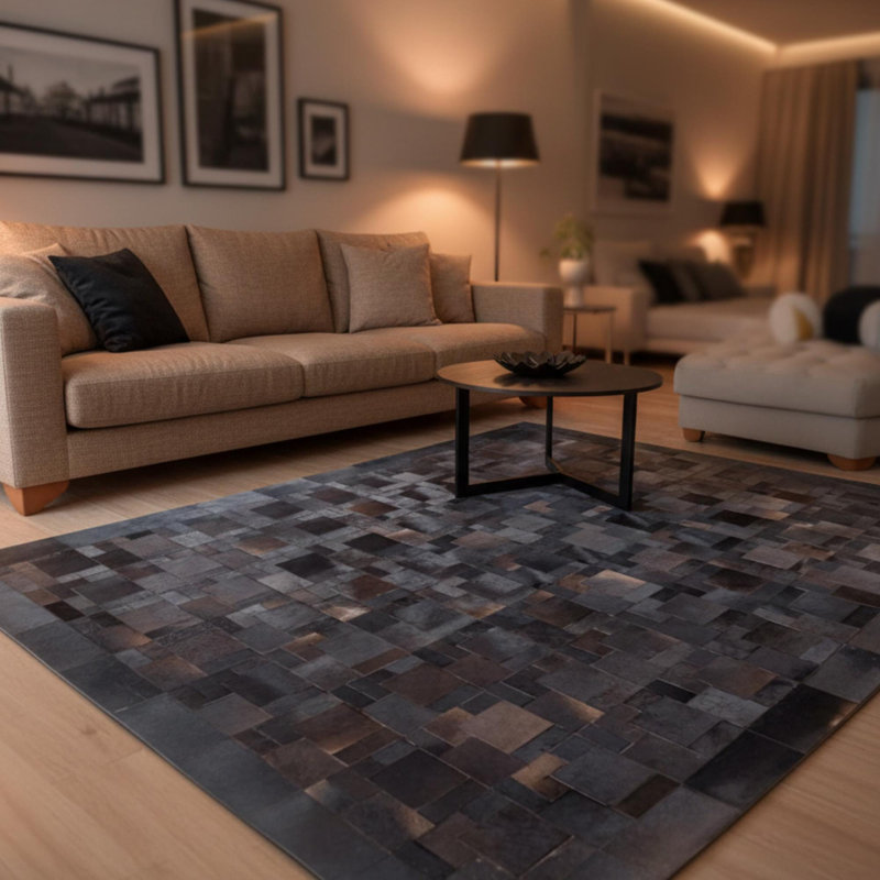 Tapis en cuir de vache patchwork, tapis carré géométrique, noir naturel brun blanc, Rectangle 6 pi x 9 pi