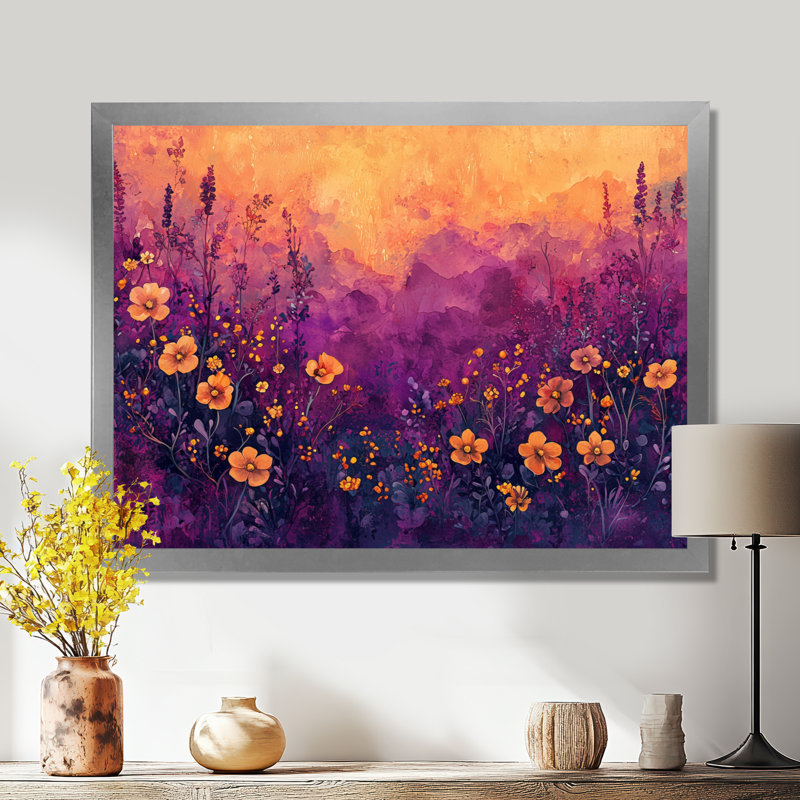 Allegro mauve fleur de minuit champ de fleurs II - Art mural de fleurs sauvages pour le salon, H 30 po x l 40 po