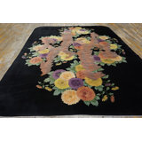 Wool Hand Knotted Pile 1920s Floral Medallion Antique Black Rectangle Rug