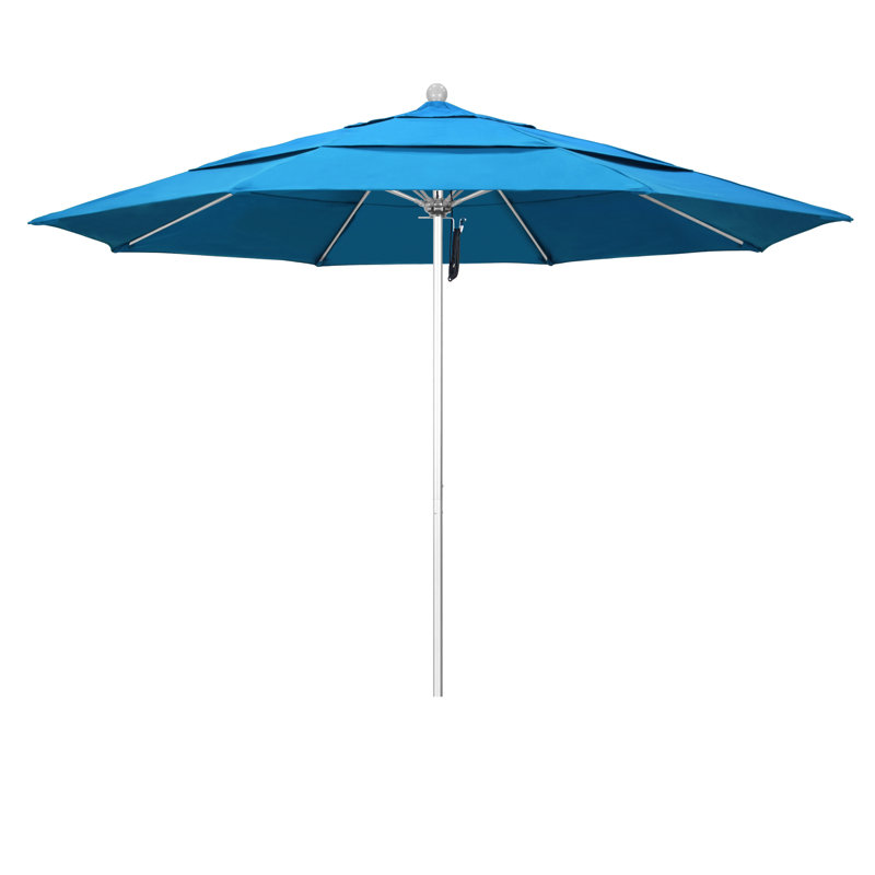 Parasol de marché 11 pi Hibo, Toile toile Sunbrella® cyan, Argent anodisé