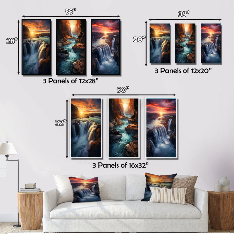 «Summery Sunset Over Majestic Waterfalls», 3 pièces sur toile, Cadre flottant noir, H 28 po x l 36 po