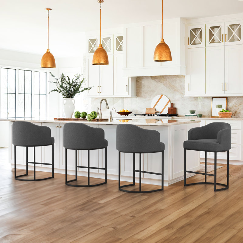 27" H Counter Height Bar Stools Set of 4, Modern with Curved Backrest and Arms, Black Metal Frames, Linen Fabric Upholstered Barstools for Kitchen Island, Home Bar