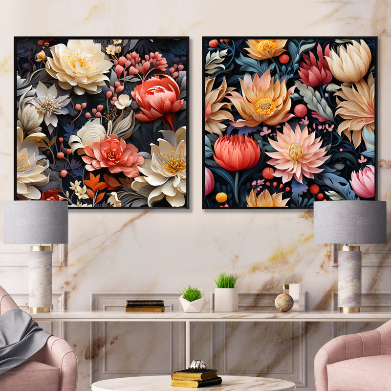 Francesca - Ensemble de 2 collages floraux carrés, Cadre flottant noir, H 30 po x l 61 po