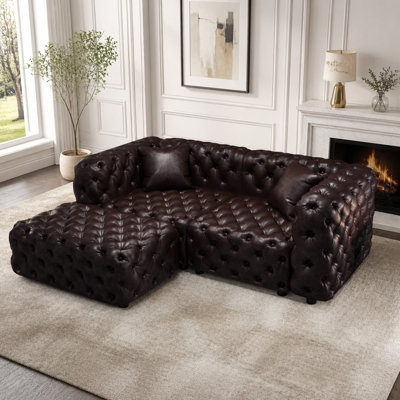Ensemble de canapé moderne 77 po 77 po, canapé modulaire rembourré en similicuir 2 places avec conception touffetée à la main pure, 1 repose-pieds et 2 coussins, combinaison multiple pour le salon, brun foncé