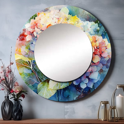 Oliviagrace Blue Green Hydreangea - Hydrangea Large Mirror, Blue Round Unique Wall Mirror Decor, Printed Metal Art