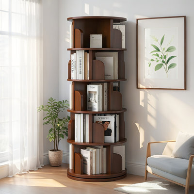 Rotating Bookshelf for Small Spaces: 5-Tier 360° Spinning Display - 0.2㎡ Footprint & 220lb Capacity for Apartment Living Room Bedroom Office - Walnut Finish