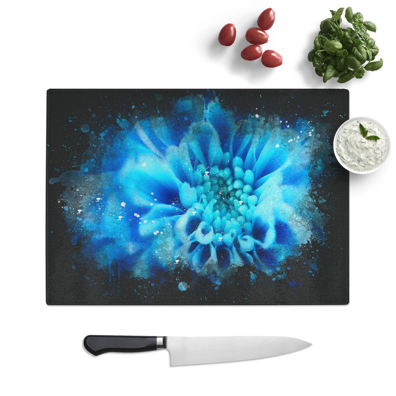 Tempered Glass Blue Dahlia Flower Chopping Board, 20 cm x 28.5 cm