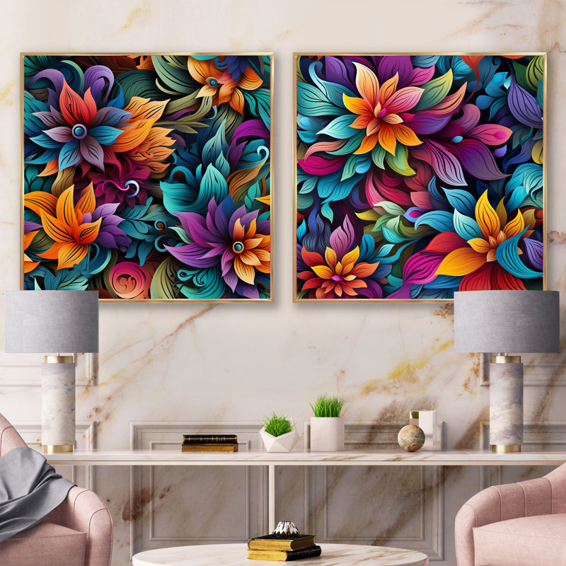 Vibrant Mandala Motif Boho III - Ensemble de 2 collages floraux et botaniques carrés, Cadre flottant doré, H 30 po x l 61 po