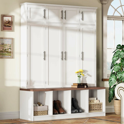 Arbre d'entrée de style campagnard avec 4 crochets cachés, banc polyvalent en noyer avec 8 portes, armoire à chaussures d'entrée avec compartiment ouvert