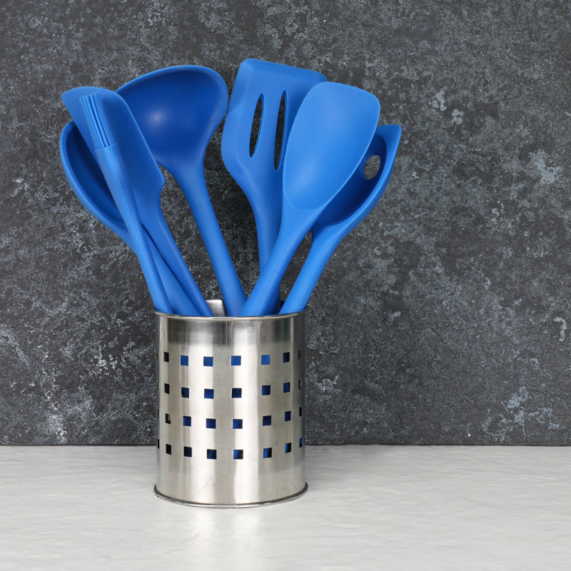 Blue Silicone 7 Piece Cooking Utensil Set with Stainless Steel Core
