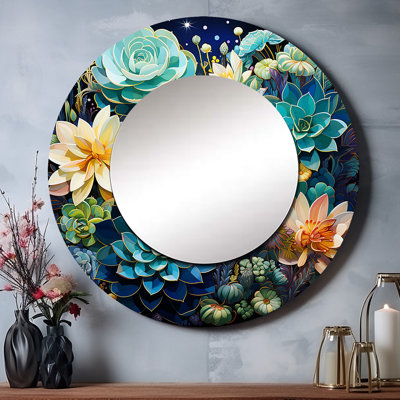 Teal Succulent Serenade - miroir succulent, miroir mural rond traditionnel traditionnel, impression d'art en métal