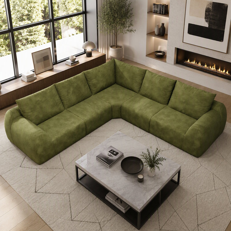 Canapé modulaire en V de 105 pouces avec 5 sièges modulaires et sans assemblage, Chenille vert foncé, Vert foncé