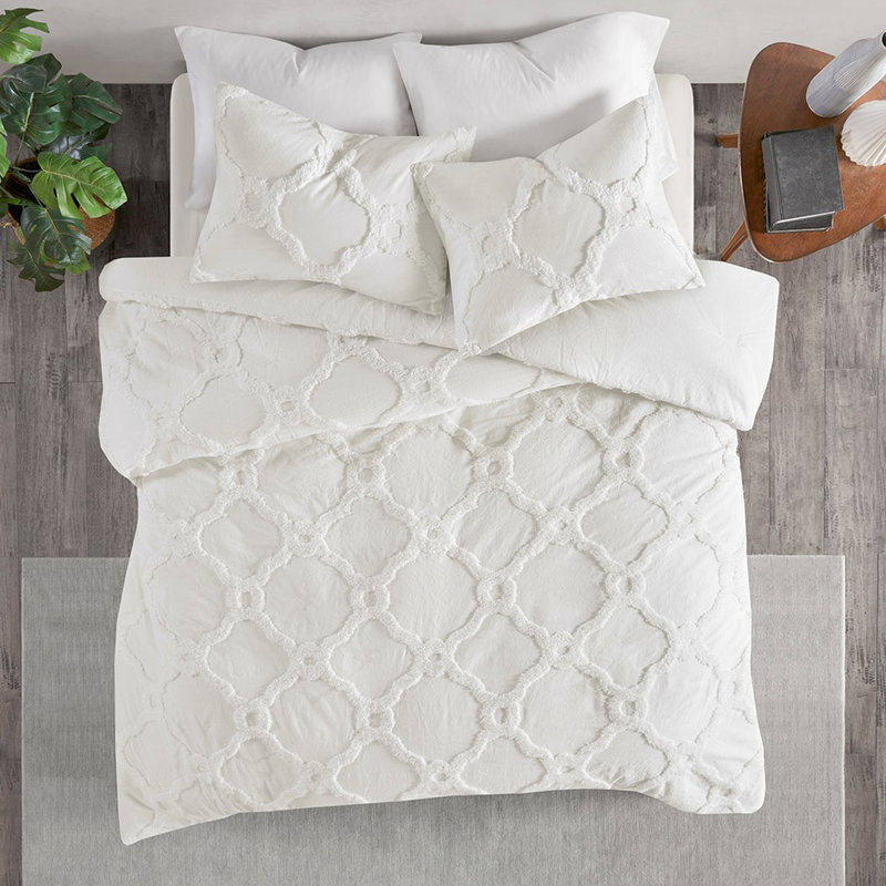 Édredon - 3 pièces en chenille de coton géométrique, double / grand, lavable à la machine
