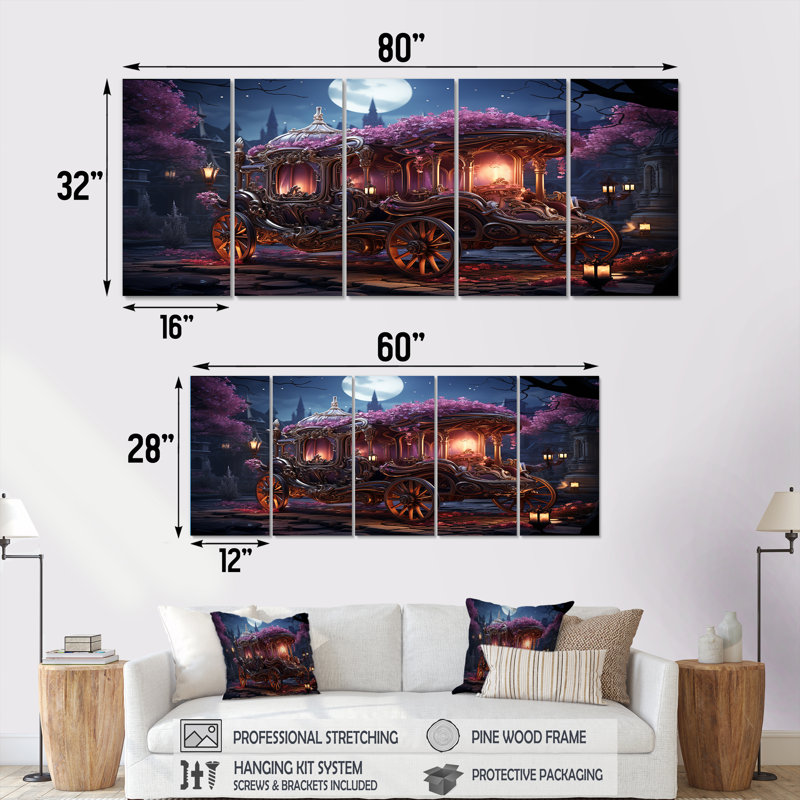 "Floral Princess Carriage - Old American Cart", art mural 5 pièces, H 32 po x l 80 po