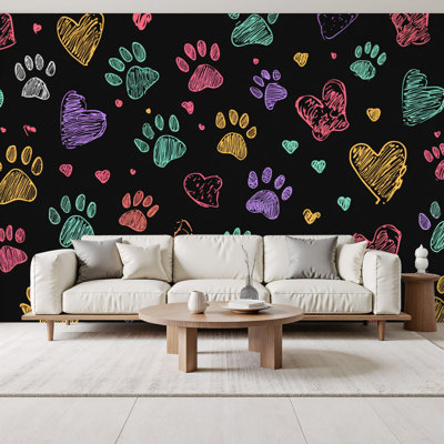 Peel and Stick Wallpaper Colorful doodle paw fabric black Wall Murals 69"H x 96"W Removable PVC Wall Paper Self-Adhesive Wall Paintings Art Decor for Bedroom Living Room