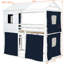 Lit superposé simple avec tente bleue et blanche, conception de style cabane dans les arbres, bois massif et matériau, activités de rangement spacieuses, décoration de chambre à coucher