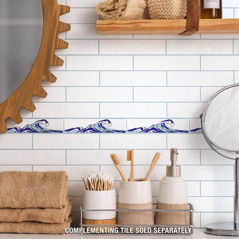 Captain Kanagawa Wave 2" x 8" Glossy Ceramic Specialty Trim in Blue/White, Blue/White