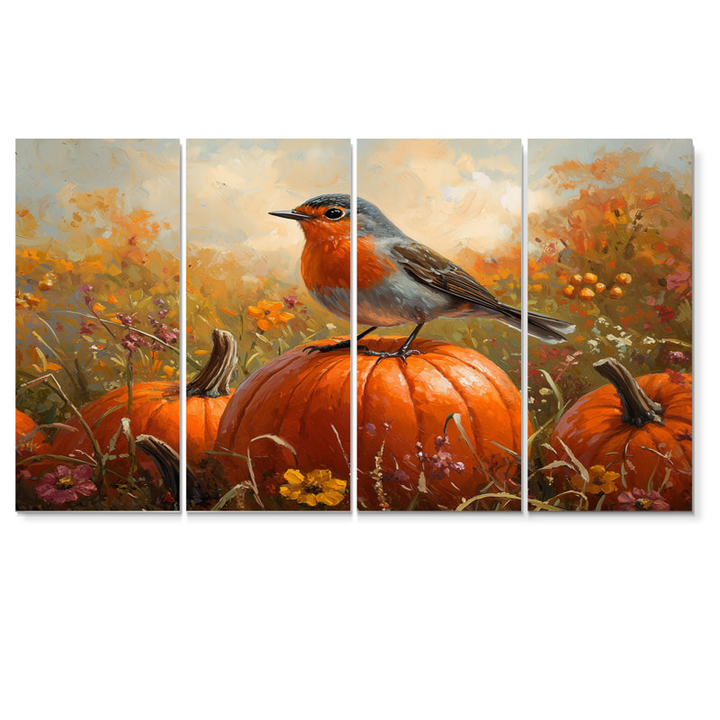 «Robin Bird In The Pumpkin Patch I», art mural oiseau, toile d'art moderne, H 28 po x l 48 po