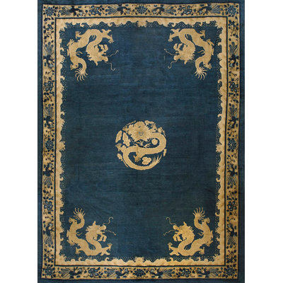 Antique Peking Chinese Medallion Blue 1900s Rug