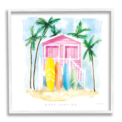 «Gone Surfing», phrase tropicale, maison de plage rose surdimensionnée, art numérique sur estampe numérique giclée par Mercedes Lopez Charro