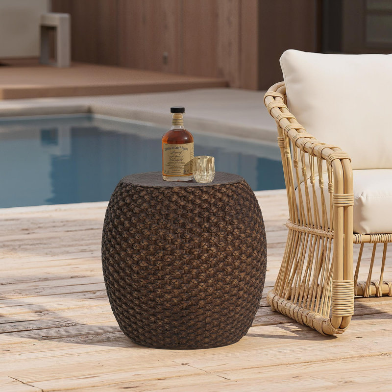Faux Rattan Side Table For Both Indoor And Outdoor Use, Handmade Mgo, Brown