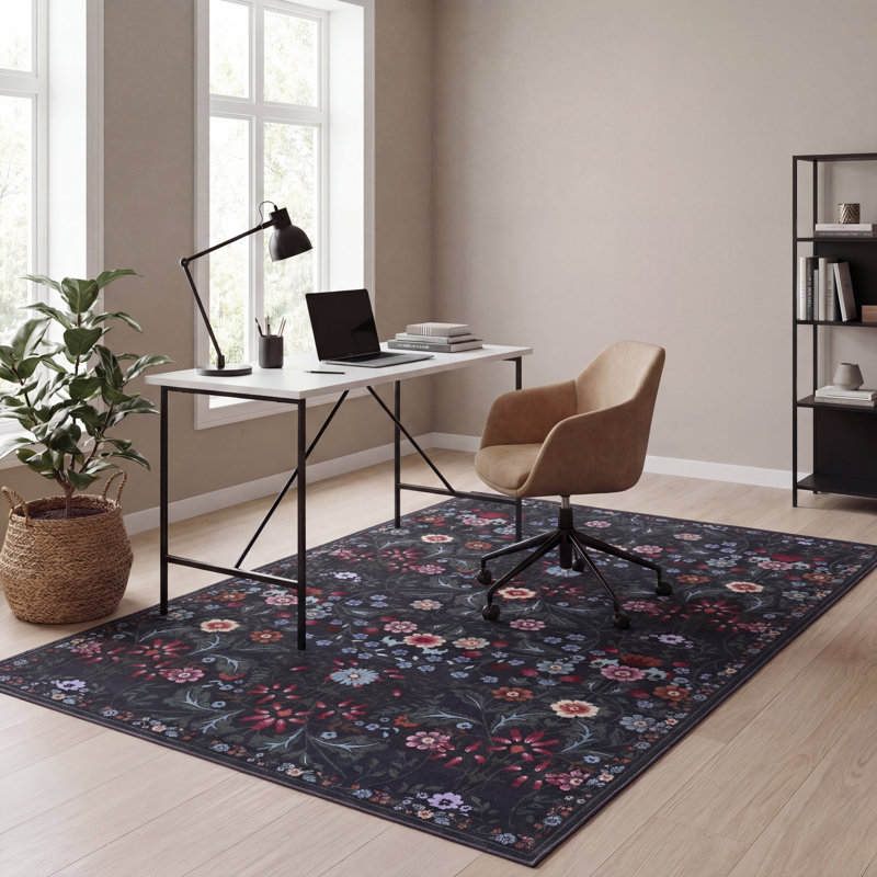Primrose Art Nouveau Floral Border Machine-Washable Rug, Rectangle 8' x 10', Dark Green/Multi