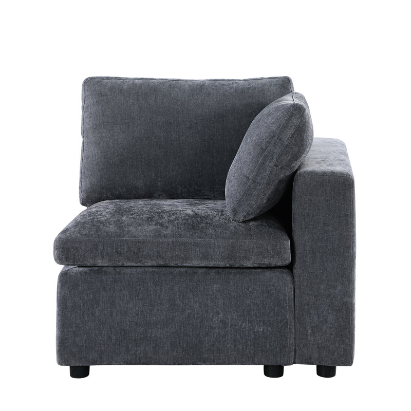 Canapé modulaire en chenille gris, fauteuil faisant face à droite et fauteuil confortable en chenille, structure à ressorts pour un confort accru