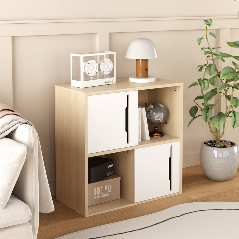 Armoire de rangement contemporaine en bois avec portes coulissantes lisses, 2 compartiments ouverts et fermés à 2 niveaux, étagère compacte en bois naturel pour esthétique, finition