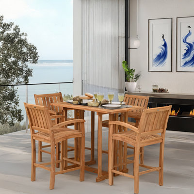 Ensemble bistro 5 pièces en bois de teck comprenant une table pliante rectangulaire Hatteras de 55 po et 4 tabourets de bar avec accoudoirs Abacho