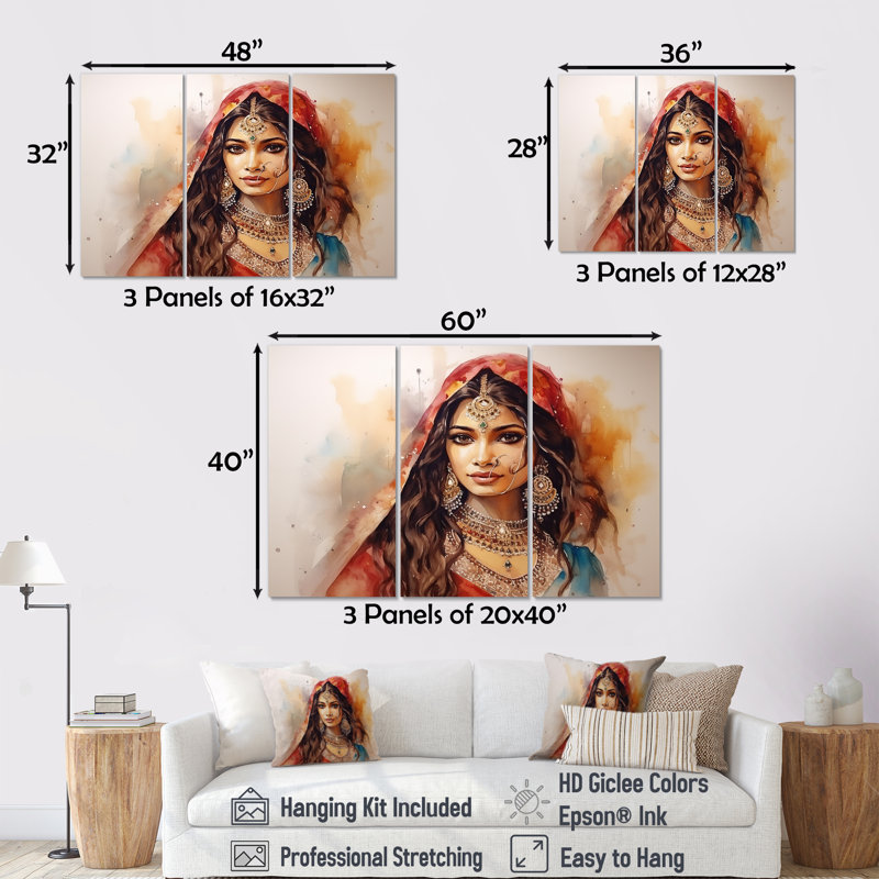 Art indien sur toile, femme indienne, Toile tendue, H 28 po x l 36 po