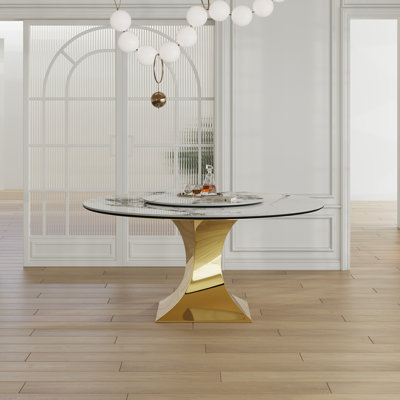 Ensemble de table de salle à manger 59 "en pierre frittée ronde 59" avec base de sablier en acier inoxydable doré - Table de cuisine de luxe moderne d'aspect marbre pour 4 à 6 personnes, table de surface résistante aux rayures et à la chaleur