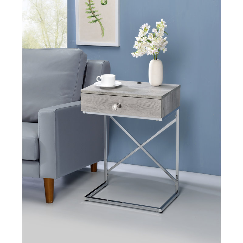 C Table End Table with Built-In Outlets, Light Grey