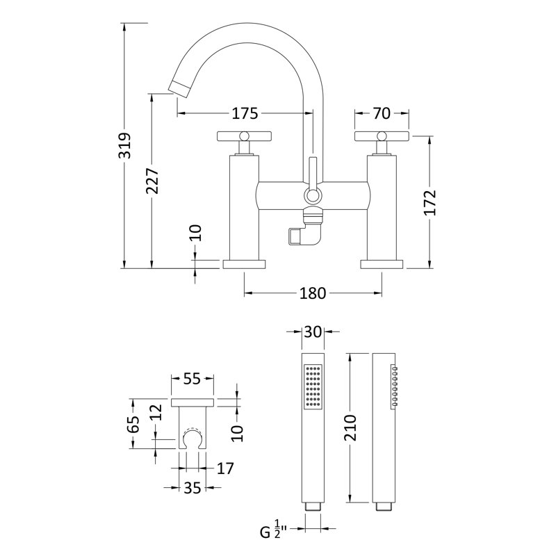 Tec 3 Handle Deck Bath Shower Mixer Bath Filler with Diverter