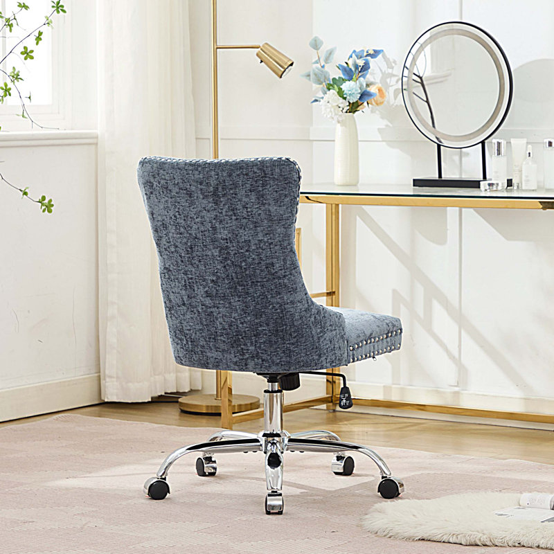 Chaise de bureau moderne rembourrée capitonnée à boutons en chenille, chaise de bureau pivotante réglable, Bleu clair