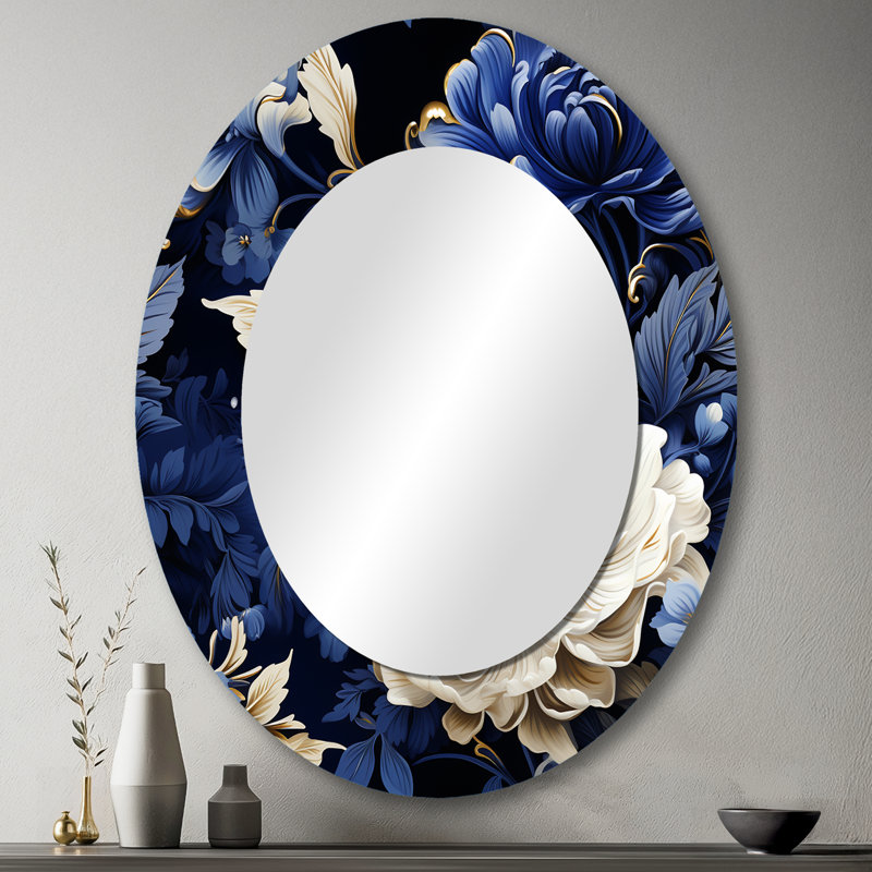 Motif victorien bleu cobalt de la Renaissance - Miroir décoratif floral ovale sur métal, H 43 po x l 33 po