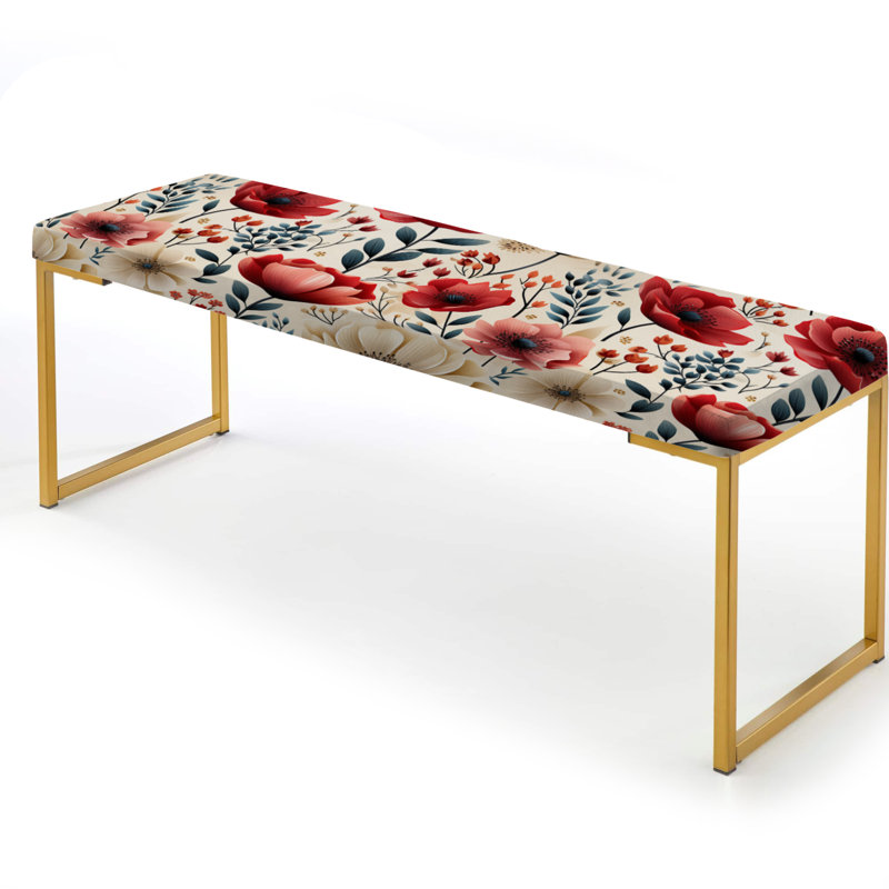 Floral Upholstered Gold Bench, Watercolor Poppies Red And White Floral