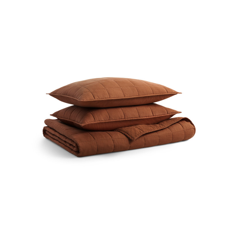 Ester Linen Quilt Set, King Quilt + 2 King Shams, Mustard