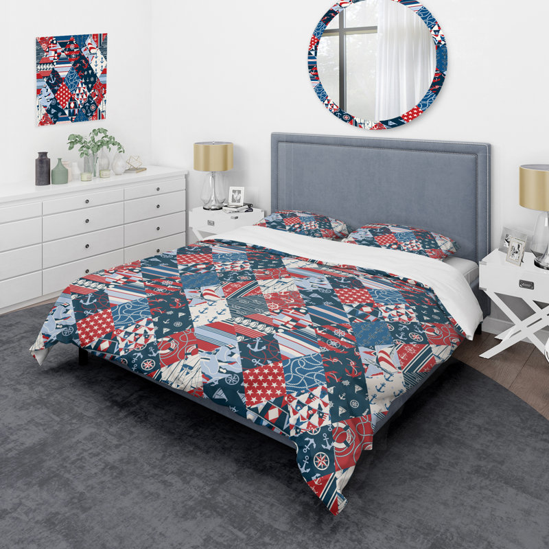 Patchwork rouge et bleu - ensemble de housse de couette abstrait - microfibre de polyester