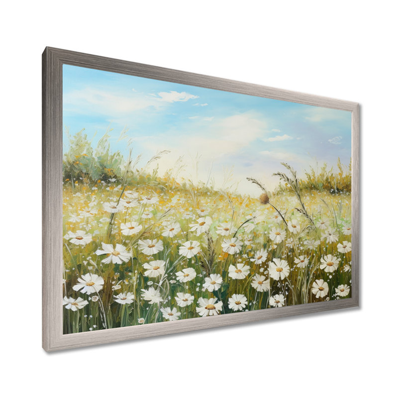 Champ de fleurs marguerites au soleil, H 30 po x l 40 po x P 1,5 po, Cadre simple argenté