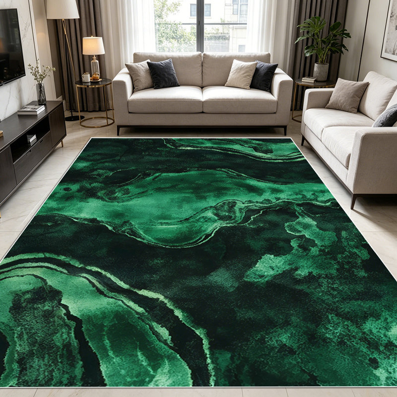 1PC Dark Emerald Green Wavy Marbled Abstract Agate Pattern area rugs for Living Room, Soft and Comfortable, Suitable for all seasons, easy-to-maintain, machine washable Indoor floor mat, Under Table Farmhouse suitable for dining table,