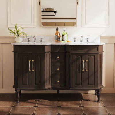 54" European Double Bathroom Vanity with Marble Countertop and Ceramic Sink