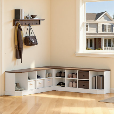  61" L Shaped Shoe Rack With Bench And Hooks, Corner Shoe Cabinet With Hidden Storage