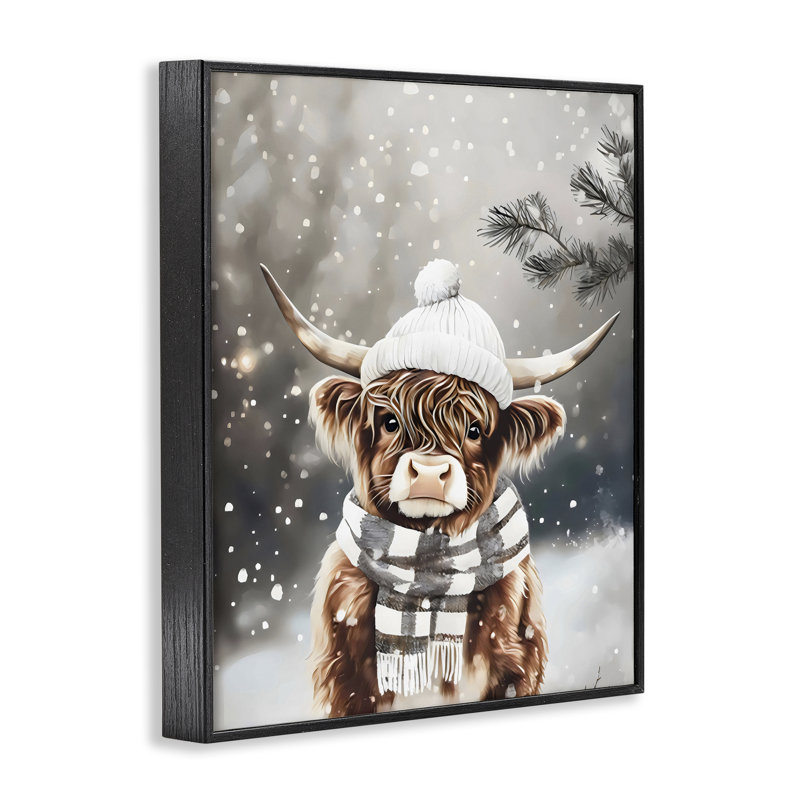 Cozy Winter Highland Calf, estampe numérique, design par Arlington Prints, H 14 po x l 11 po, Giclée encadrée noir minuit