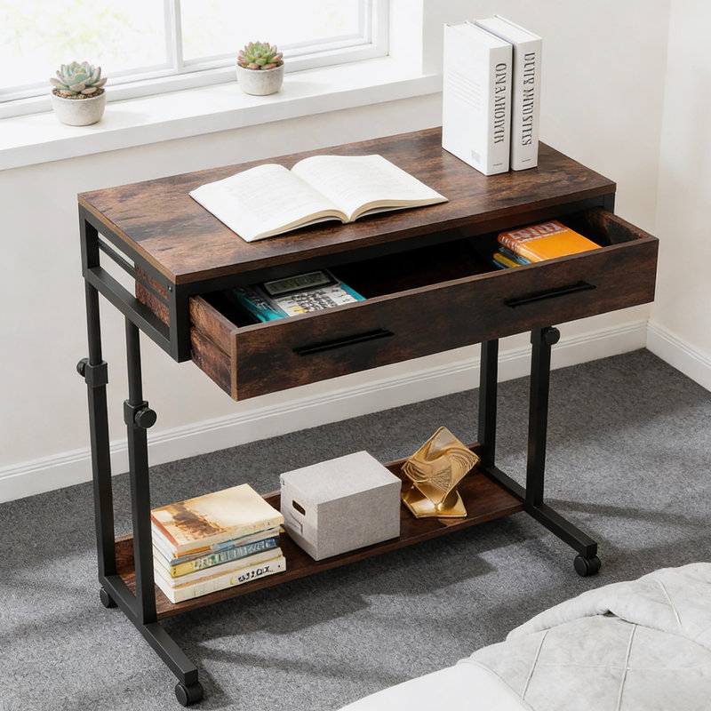 Table de bureau, bureau compact avec roues, bureau d'écriture à hauteur réglable, table basse mobile