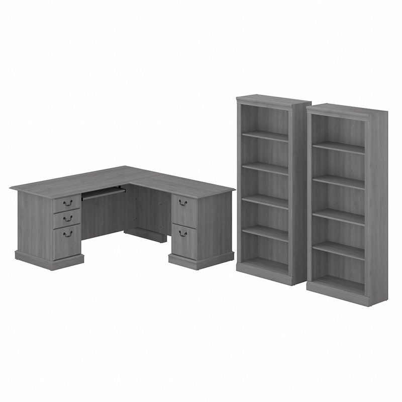 Saratoga 3 Piece L-Shape Computer Desk and Bookcase Office Set, Modern Gray