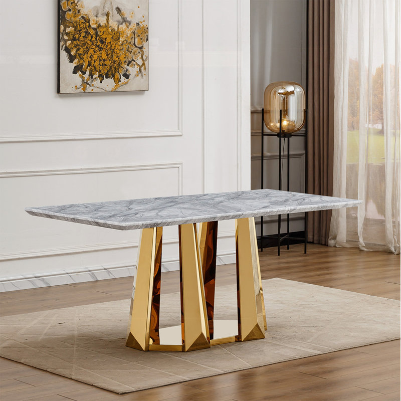 70" Rectangle Faux Marble Dining Table, Gold, Gray